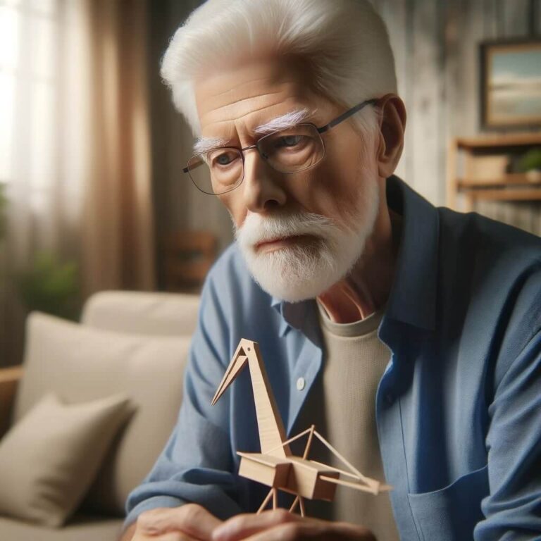 A realistic portrait of an elderly man, around 75 years old, in a casual home setting. The man has fully white hair, deep wrinkles, and a contemplative.