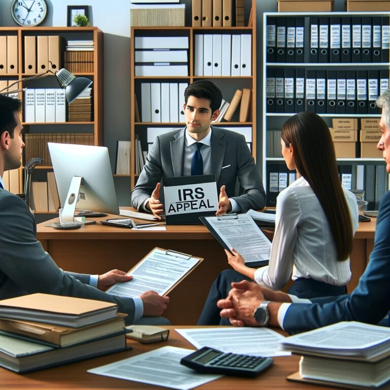 A professional office setting with a tax advisor or lawyer sitting at a desk. The advisor is in conversation with three clients, who are seated across the desk. The tax advisor is holding IRS appeal forms and explaining the appeal process in detail. The clients are attentively listening and reviewing their audit documents.