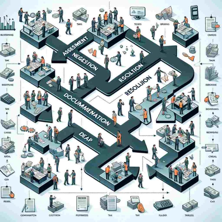 A detailed and organized roadmap or flowchart outlining the steps for tax relief resolution. The roadmap includes stages such as assessment, negotiation, documentation, and resolution, with arrows indicating the progression of each step. Icons representing tax-related elements like tax forms, calculators, and legal documents are incorporated into the roadmap, highlighting the comprehensive nature of tax relief resolution.