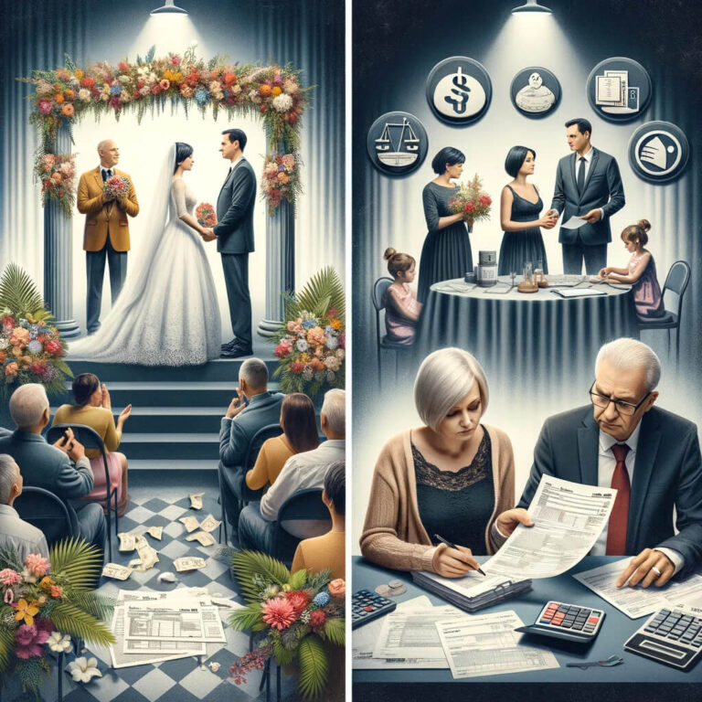 a two separate scenes side by side. On the left, a wedding ceremony with a happy couple exchanging vows, surrounded by family and friends, symbolizing marriage. On the right, a couple sitting at a table with serious expressions, going through paperwork and discussing financial matters, symbolizing divorce. Above each scene, there are icons representing tax-related elements like tax forms, calculators, and dollar signs.