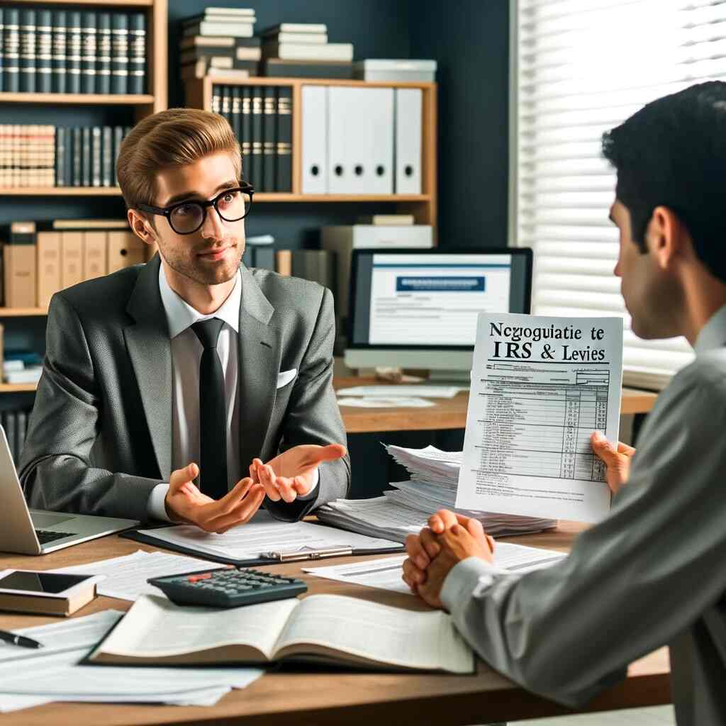 A professional tax advisor or lawyer sitting at a desk, engaged in a discussion with a client about negotiating liens and levies with the IRS. The advisor is holding legal documents related to liens and levies, while the client is reviewing financial statements and IRS notices. The desk is organized with tax-related paperwork, a laptop displaying IRS regulations, and a bookshelf with legal books, indicating expertise and preparation for negotiating with the IRS.