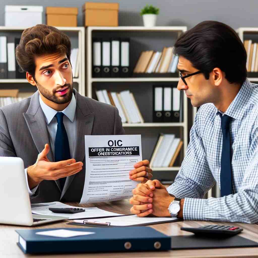 A professional tax advisor or lawyer that looks americana and not indian sitting at a desk, discussing Offer in Compromise (OIC) negotiations with a client. The advisor is holding OIC forms and explaining the process, while the client is reviewing financial documents. The desk is organized with tax-related paperwork, a laptop showing OIC guidelines, and a bookshelf with legal books, indicating expertise and preparation for OIC negotiations.