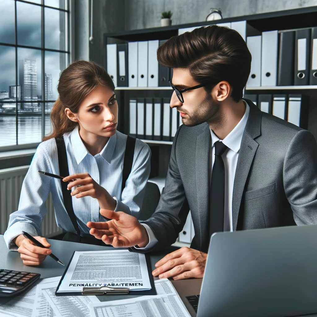 A professional tax advisor or accountant sitting at a desk, discussing penalty abatement negotiations with a client. The client is holding tax documents, while the tax advisor is explaining strategies on a whiteboard or using a laptop to show relevant information. The background features shelves with tax books and a window with a cityscape view, symbolizing professional tax services and strategic planning.