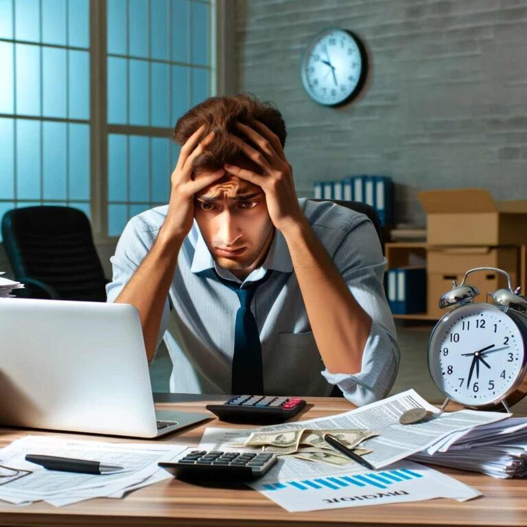 An individual sitting at a desk with a concerned expression, surrounded by tax documents, a calculator, and a laptop displaying financial numbers. The person is holding their head, indicating stress and urgency in dealing with unexpected tax debt. In the background, there's a clock showing a late hour, symbolizing the urgency of resolving tax debt in emergencies.