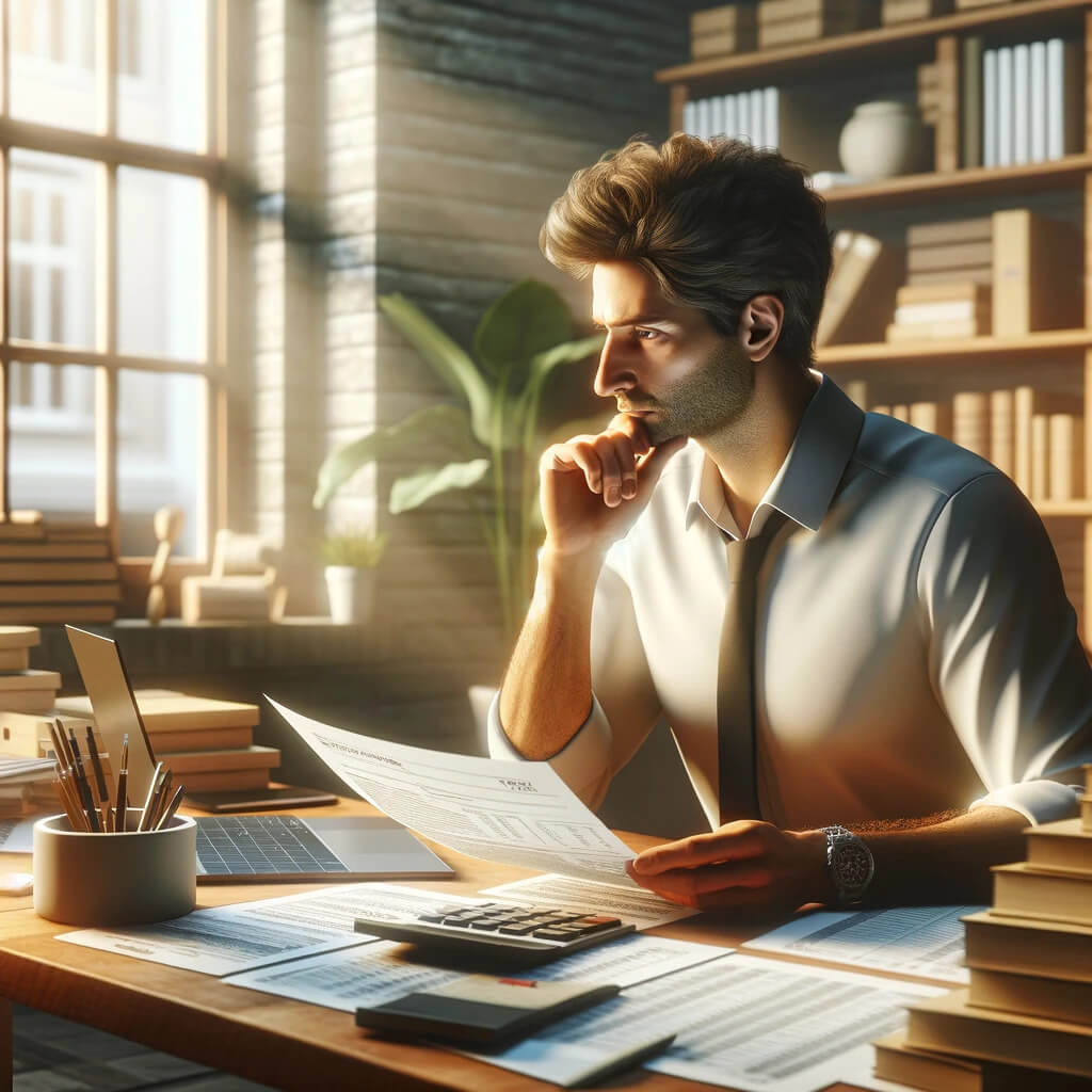 a small business owner sitting at a desk in a cozy office space, surrounded by financial documents, a laptop, and a calculator. The owner is deep in thought, looking at tax forms and considering tax strategies for their business. The background features shelves with business books, a plant, and a window with sunlight streaming in, creating a warm and inviting atmosphere.